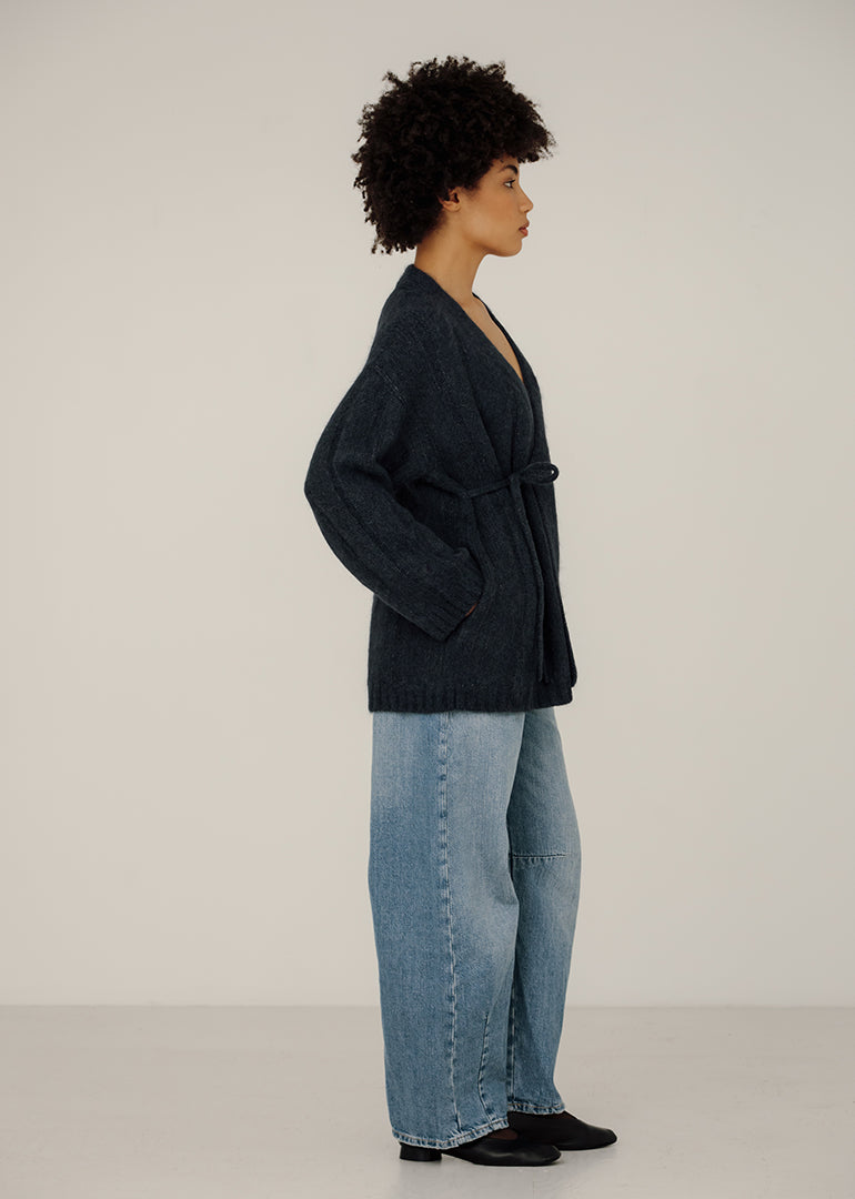 Bare Knitwear Roan Wrap Cardigan in Denim