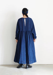 Ichi Antiquites - Linen Dobby Stripe Dress in Dark Indigo