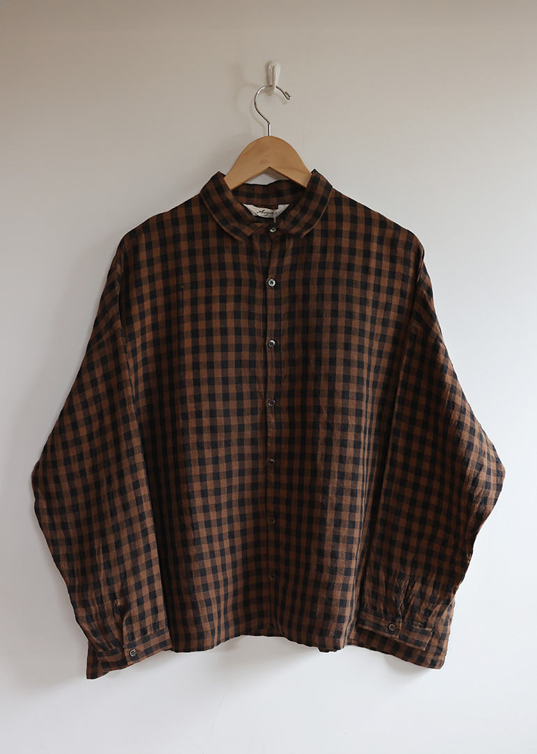 Ichi Antiquites - Linen Gingham Check Shirt in Brown