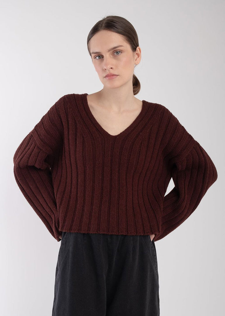 Micaela Greg - Cropped Ribbed Pullover in Plum