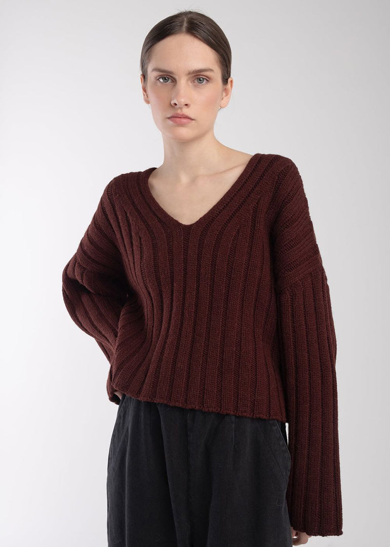 Micaela Greg - Cropped Ribbed Pullover in Plum