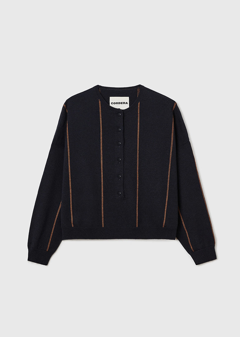 Cordera - Merino Striped Polo Sweater in Navy